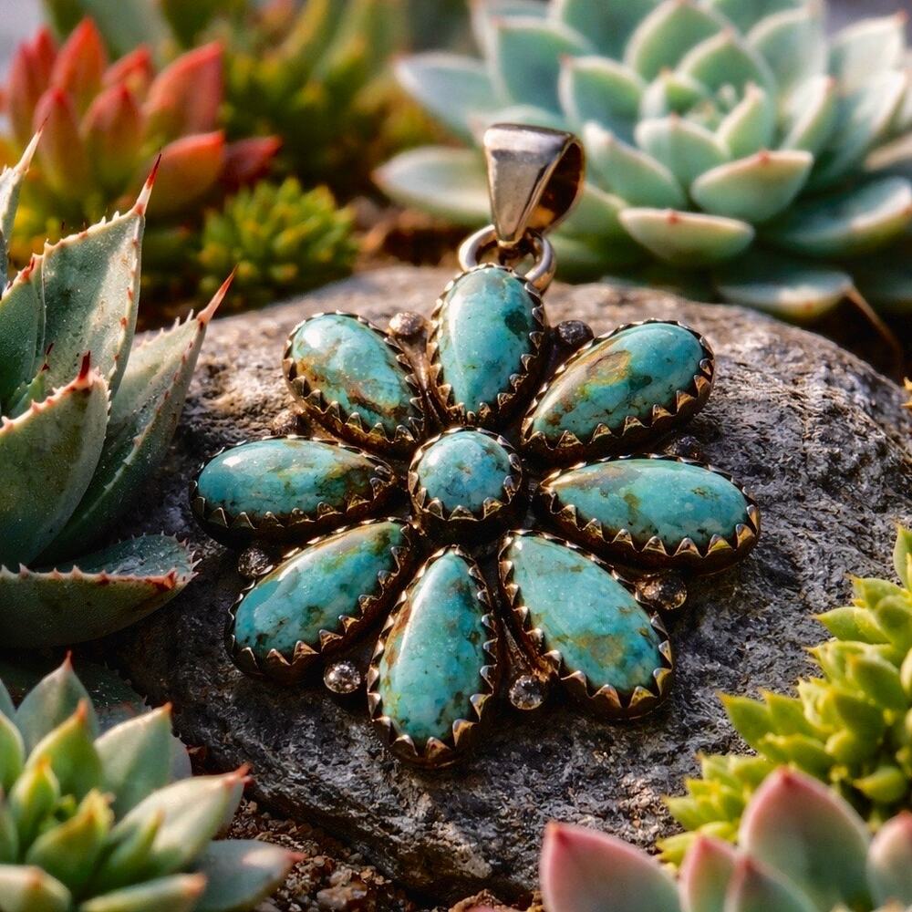 Royston Turquoise | Cluster Flower | Sterling Pendant| | Handmade | Boho Gift
